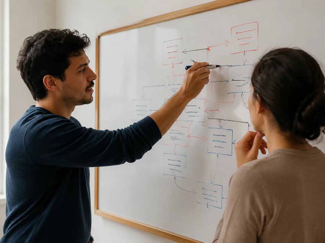 Dois alunos em pé diante do quadro branco, desenhando a ordem de um argumento